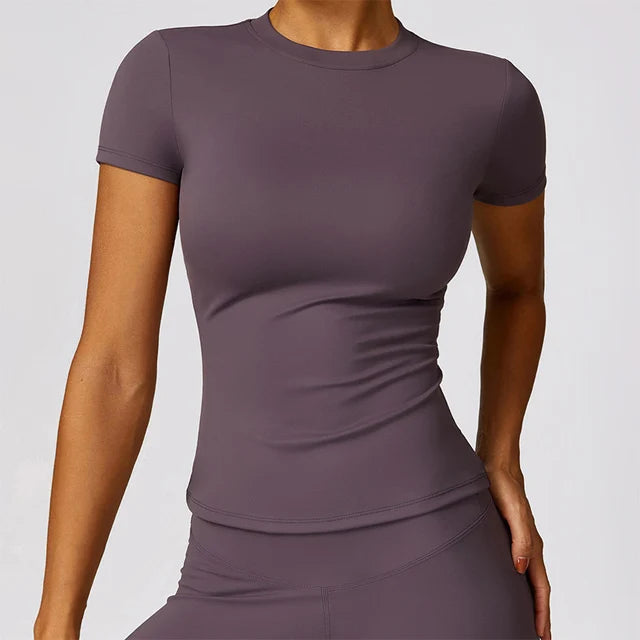 Damen-Sport-T-Shirt, Sommer, kurzärmelig, Laufen, Rundhalsausschnitt, atmungsaktiv, dehnbar, Fitnessstudio, Yoga, schlank, Fitness, aktives Top-T-Shirt