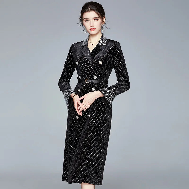 Frauen neue zweireihige kleid bohrer perle samt graben mantel herbst kaminsims damen