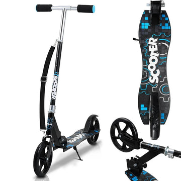 Der Roller ist höhenverstellbar und verfügt über ergonomische Lenker und eine Hinterrad-Reibungsbremse.