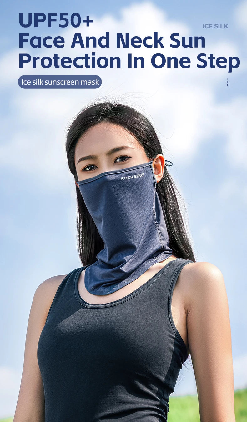 ROCKBROS Summer Ice Silk Cycling Face Mask Breathable Anti-UV Bicycle Face Neck Cover Bandana MTB Road Sport Hanging Ear Scarf