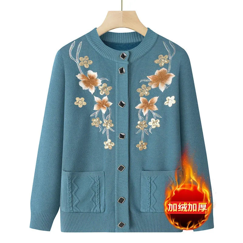 Herbst Winter warme Pullover Jacke Damen Print mittleren Alters Mutter Strickjacke Oma plus Samt Strickjacke Mantel weiblich 2915
