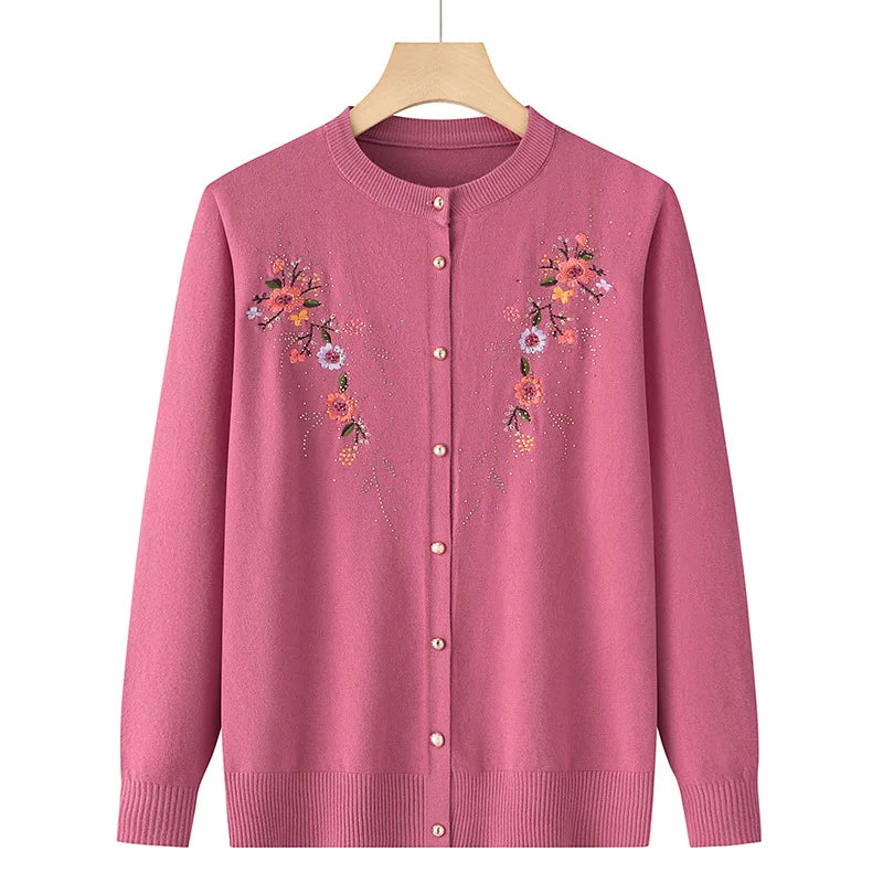 Mittleren Alters und ältere Frauen Stickerei Strickjacke Jacke einreiher schlanke Pullover Mantel dünne Frühling Oma Kleidung