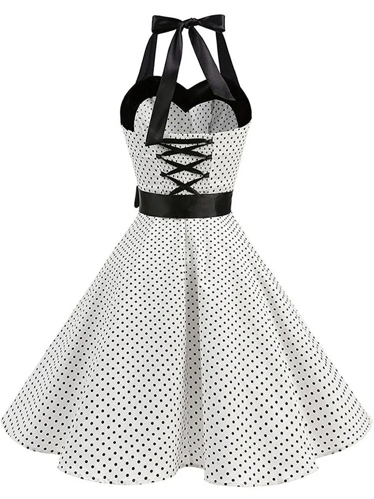 Frauen Polka Dot Print Sommer Kleid Sexy Retro Weiß Halter Vintage Kleid Robe Femme Pin Up Rockabilly Party Kleid