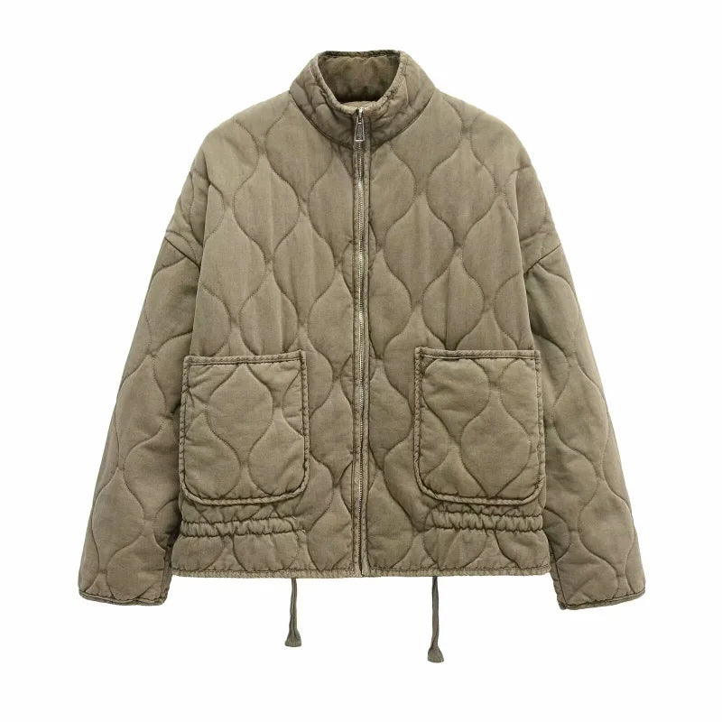 Damen Polyester Gefütterte Jacke 2026 Neuerscheinung Vintage Lenzing Rayon Hochkragen Große Tasche Dekorativer Gesteppter Mantel für Frauen