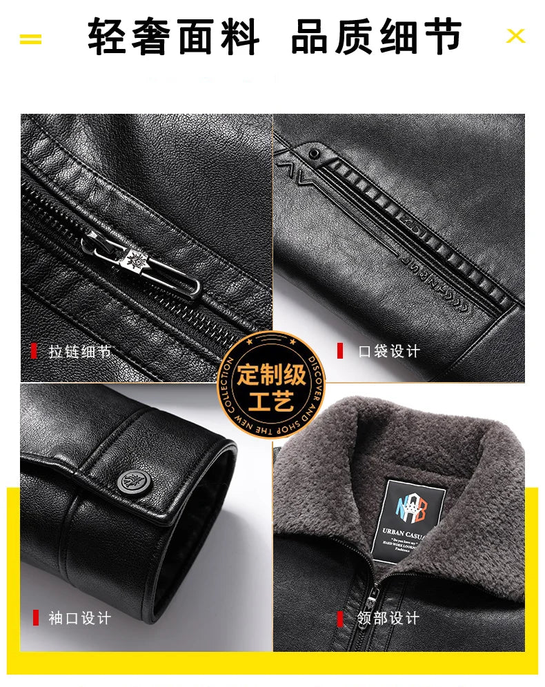 Fügen Sie Fleece und verdickende Winter-Papa-Lederjacke für Opa mittleren Alters mit Pelzkragen, Mantel für Herren mittleren Alters für Wärme hinzu