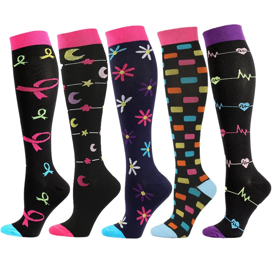 5 Paar Kompressionssocken für Damen, Wandern, Laufen, elastische Socken, Sportsocken, Flug, Schwangerschaft, geschwollene Krampfadern, Marathon-Socken