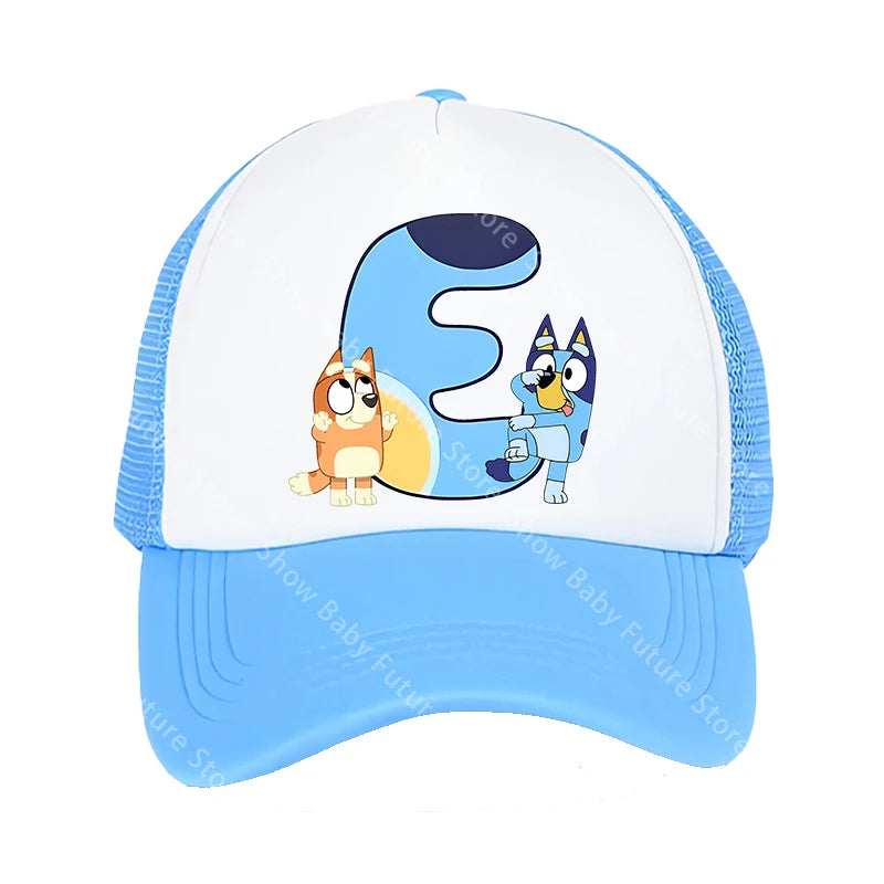 Blueys Baseballkappen für Erwachsene, Jungen und Mädchen, Kawaii-Buchstaben, zwei Größen, atmungsaktive Sport-Mesh-Mütze, niedlicher Cartoon-Anime-Sonnenhut, Geschenke