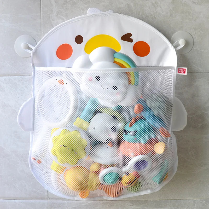 QWZ Neue Cartoon Ente Baby Badezimmer Mesh Tasche Sucker Design Für Bad Spielzeug Kinder Tier Formen Tuch Sand Spielzeug Lagerung Net Tasche