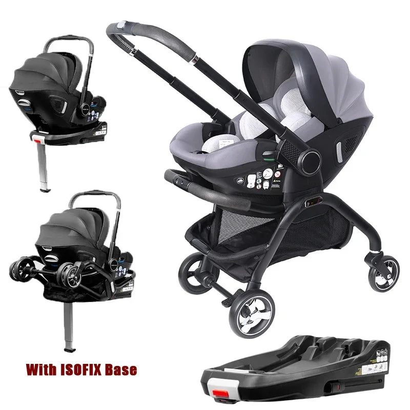 4-in-1 Kinderwagen, Luxuriöser Tragbarer Leichter Babywagen mit ISOFIX-Basis und Kindersitz für Neugeborene