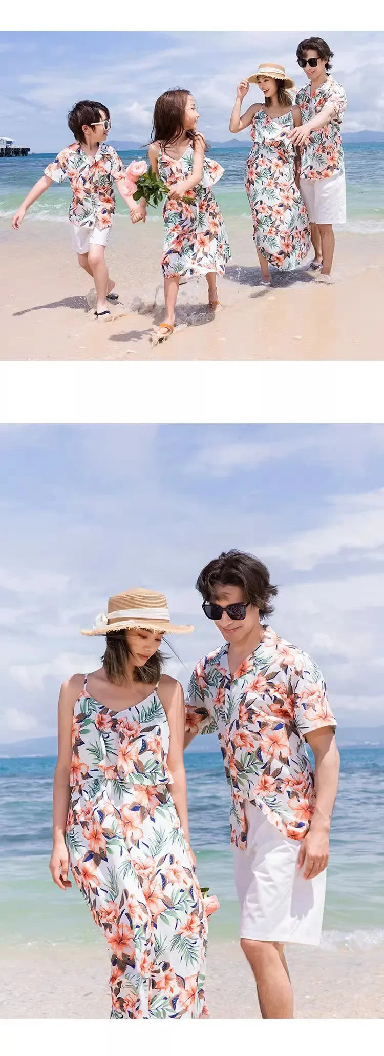 Family Look Vacation Beachwear Mother Daughter Sleeveless Dress Dad Son Matching Floral Shirt Set Parent-Child Holiday Outfits