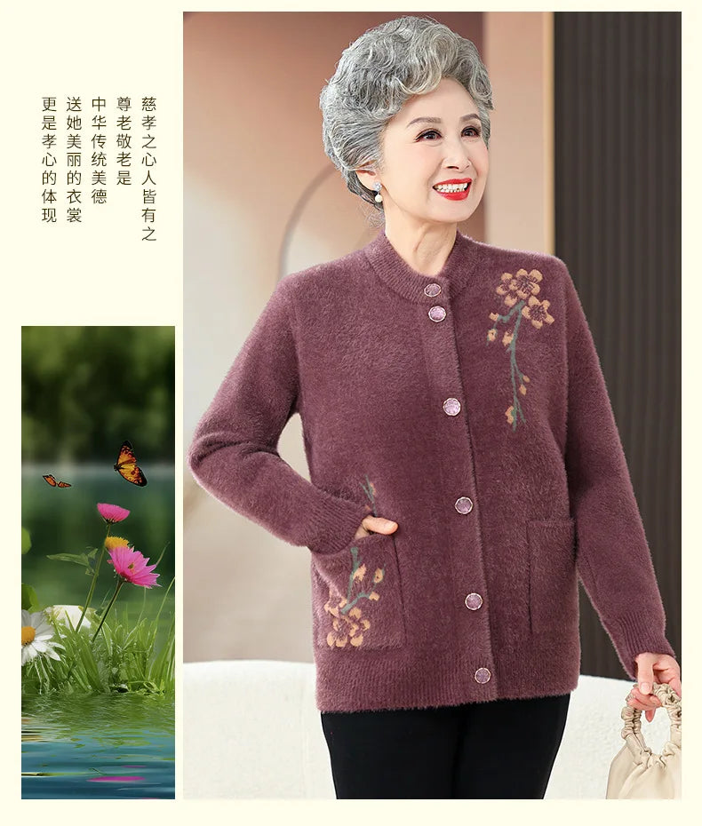 Oma Dicke Warme Nerz Samt Pullover Top Winter Mittleren Alters Mutter Draußen Tragen Strickjacke Jacke Vintage Frauen Gestrickte Mantel