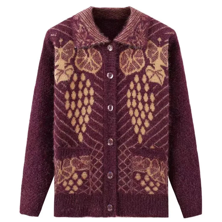 Lässiger Stil Dicker Jacquard-Strick-Cardigan für Ältere Frauen Warmer Mantel für Mütter und Großmütter