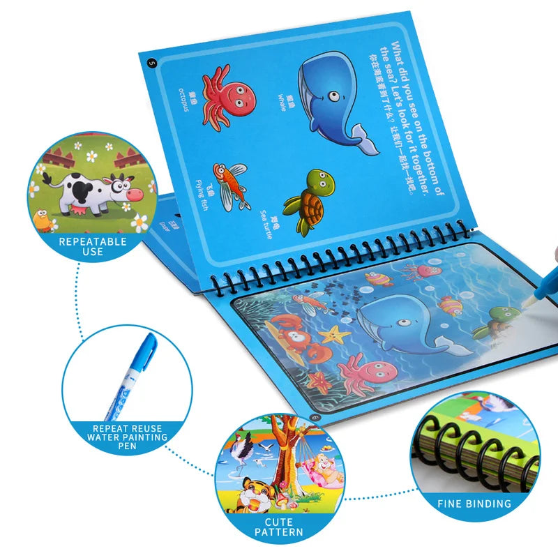 Magisches Buch, Wasserteichnung, Montessori-Spielzeug, wiederverwendbares Malbuch, magisches Wasser-Zeichenbuch, sensorische Früherziehung für Kinder