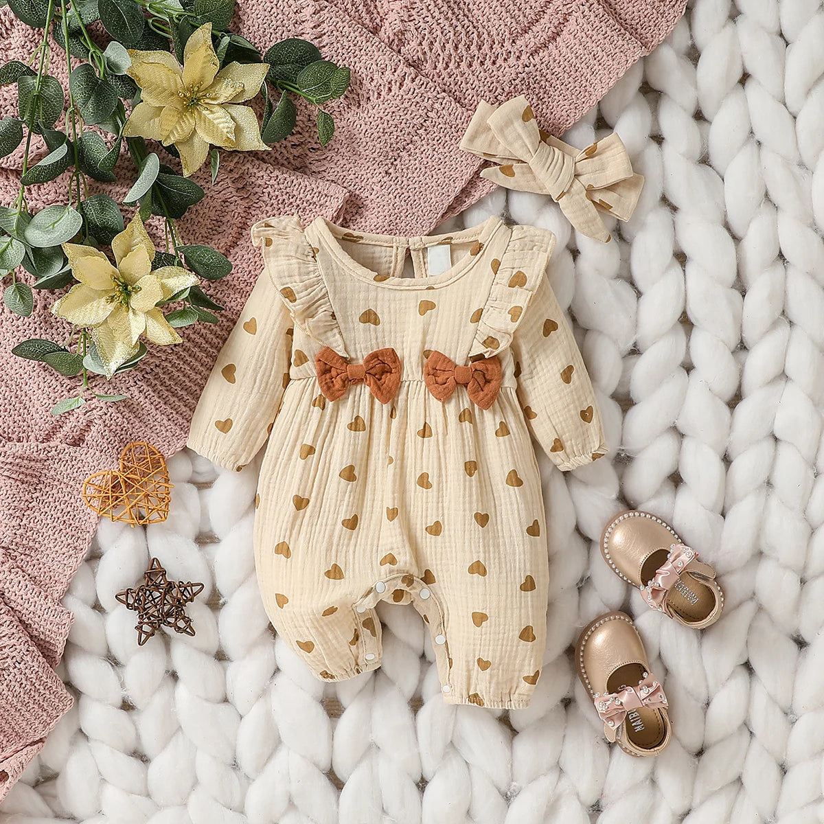 Baby-Mädchen-Overall für alle Jahreszeiten, langärmelig, mit Blumenmuster und Schleife, täglicher Overall für Neugeborene, 6 Monate Kleidung + Stirnband