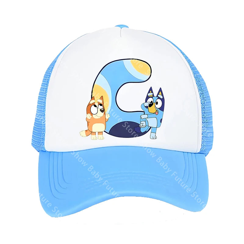 Blueys Baseballkappen für Erwachsene, Jungen und Mädchen, Kawaii-Buchstaben, zwei Größen, atmungsaktive Sport-Mesh-Mütze, niedlicher Cartoon-Anime-Sonnenhut, Geschenke