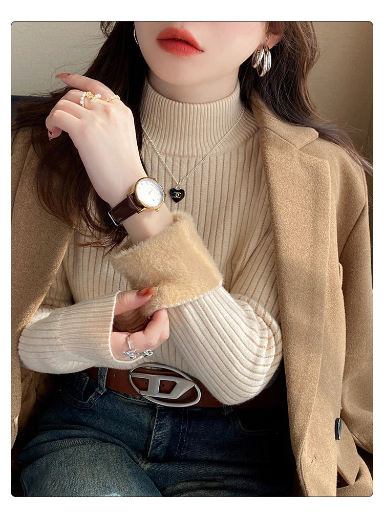 Damen Rollkragenpullover Winter 2026 Retro mit Samtfutter Verdicktes Thermounterhemd Strickpullover