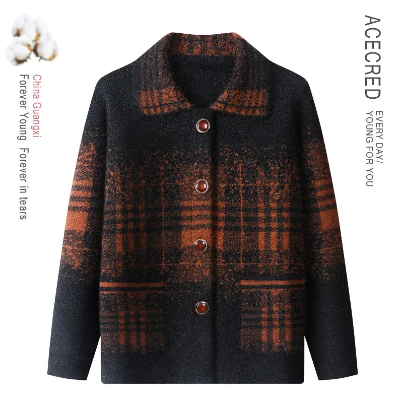 Strickjacke für Ältere Frauen mit Umlegekragen, Karomuster, Dick, Warm, mit Knöpfen, Wintermantel für Mütter und Großmütter