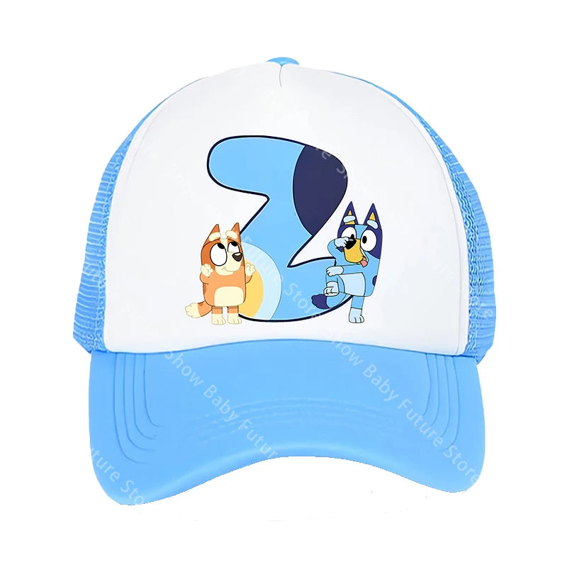 Blueys Baseballkappen für Erwachsene, Jungen und Mädchen, Kawaii-Buchstaben, zwei Größen, atmungsaktive Sport-Mesh-Mütze, niedlicher Cartoon-Anime-Sonnenhut, Geschenke