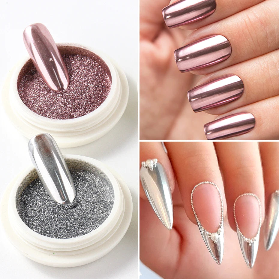 6 Stück Chrom-Spiegel Weißes Nagelpulver Pigment Gold Silber Reibpulver Holographisches Aurora Schillerndes Metallisches Nagelkunst-Dekorationspulver