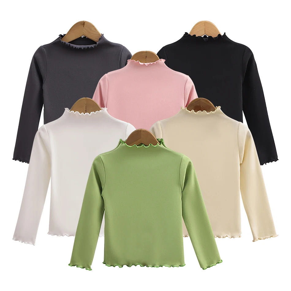 Kinder Kleidung Neue Mädchen Basis Shirt Für Herbst und Winter Kinder Trendy Schwarz Pilz Rand Einfarbig Lange Ärmeln T-shirt