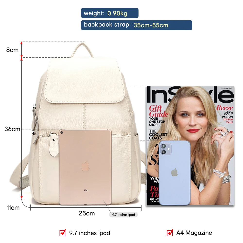 Zency Stilvoller Damen-Rucksack aus echtem Leder in Weiß und Schwarz, A++-Qualität, Diebstahlsicherer Rucksack mit großem Fassungsvermögen, Reise-Designer-Rucksack