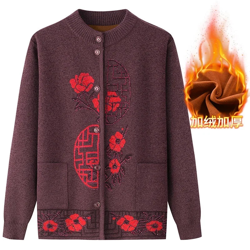 2025 Oma Pullover Frauen Frühling Herbst Pullover Mantel Mutter Strickjacke Für Frau Samt Strickwaren Weibliche Kleidung 5XL 2898