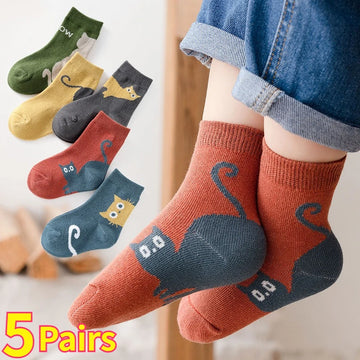 5/10 Paar Kindersocken Herbst Winter Mittellange Socken mit Cartoon-Katzenmuster Bequeme, atmungsaktive Kindersocken für Jungen und Mädchen
