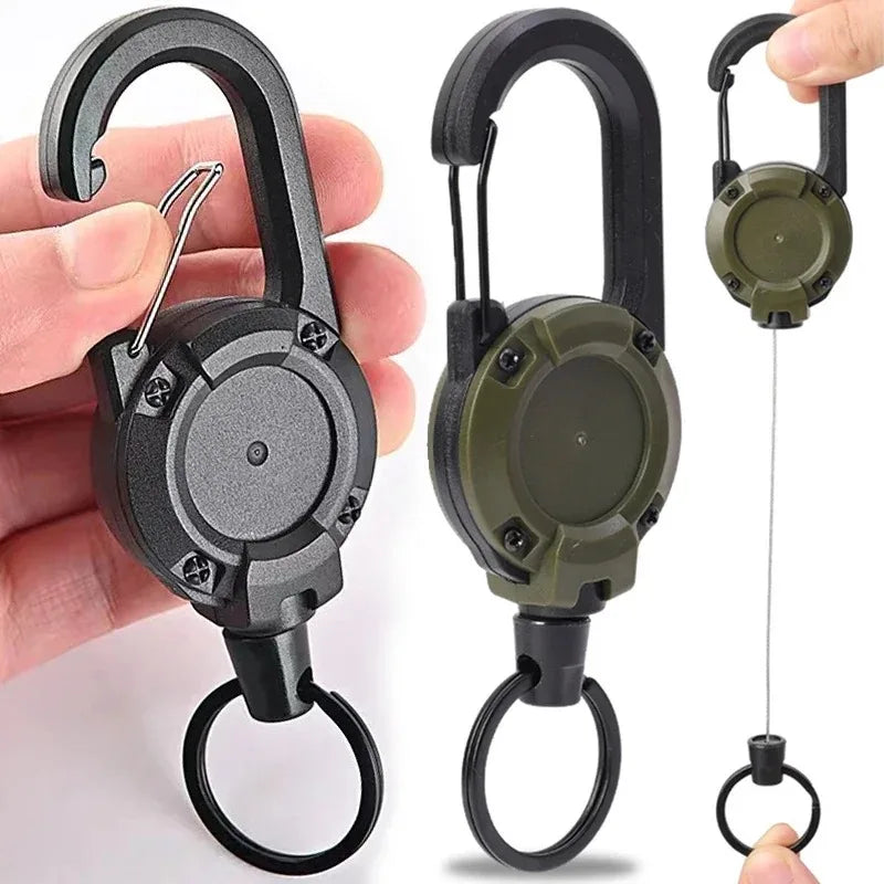 Einziehbare, robuste Zugrolle, Karabiner, Schlüsselanhänger, starkes Stahldrahtseil, Schnalle, Federschlüsselanhänger, Outdoor, sportliches Schlüsselanhänger-Werkzeug