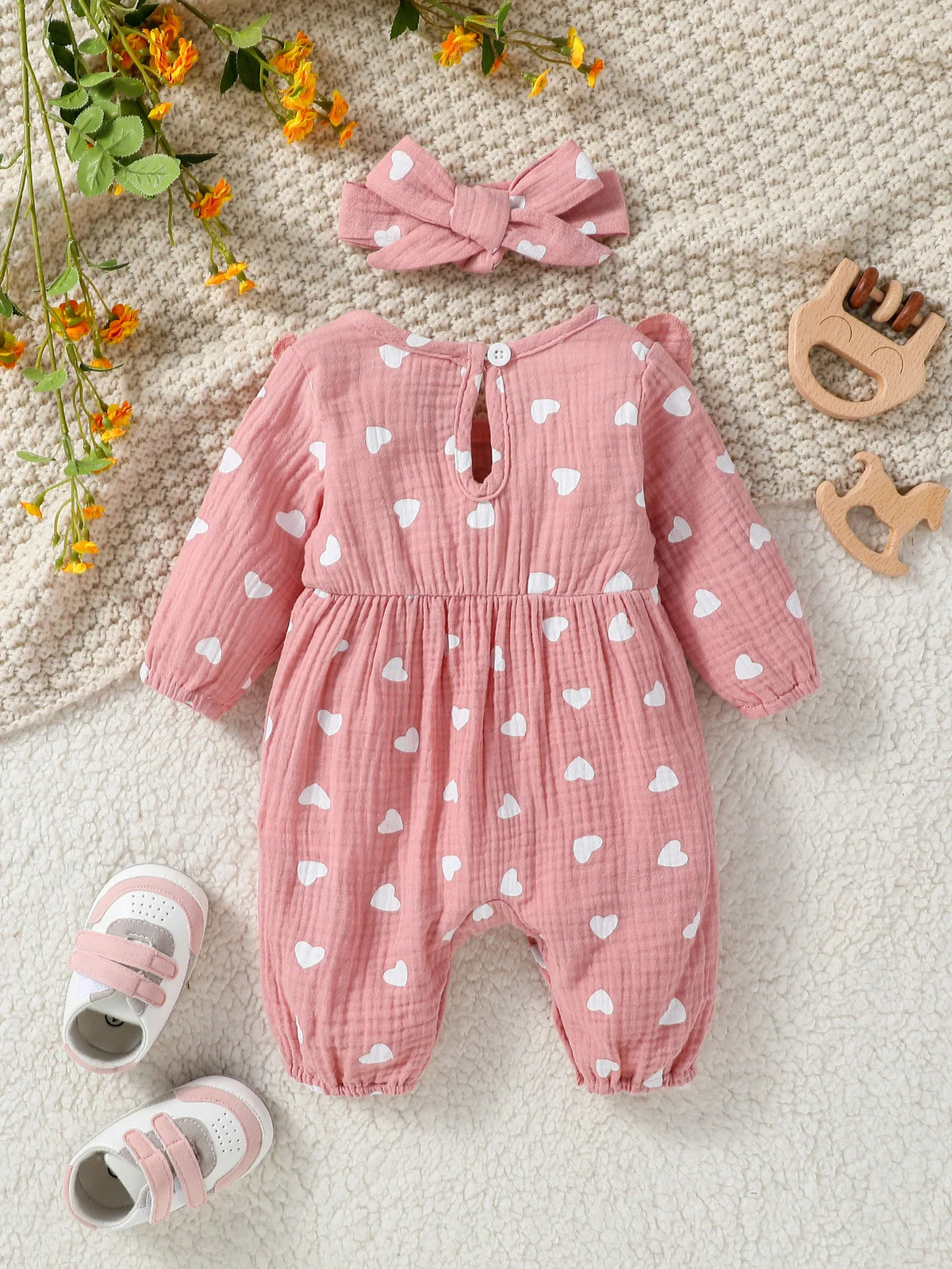 Baby-Mädchen-Overall für alle Jahreszeiten, langärmelig, mit Blumenmuster und Schleife, täglicher Overall für Neugeborene, 6 Monate Kleidung + Stirnband
