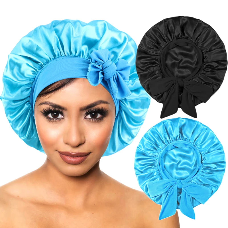 Neue Satin Schlafmütze Für Frauen Feste Breite Band Stretch Kopf Krawatte Seidige Motorhaube Rand Wrap Schlummertrunk Haarpflege Dusche Kopf Abdeckung