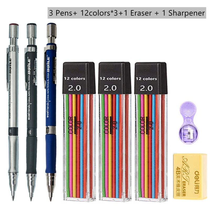 Druckbleistift-Set 2,0 mm mit 2B-Schwarz/Farben-Minenminen zum Schreiben, Skizzieren, Kunst, Zeichnen, Malen, Schule, automatischer Bleistift