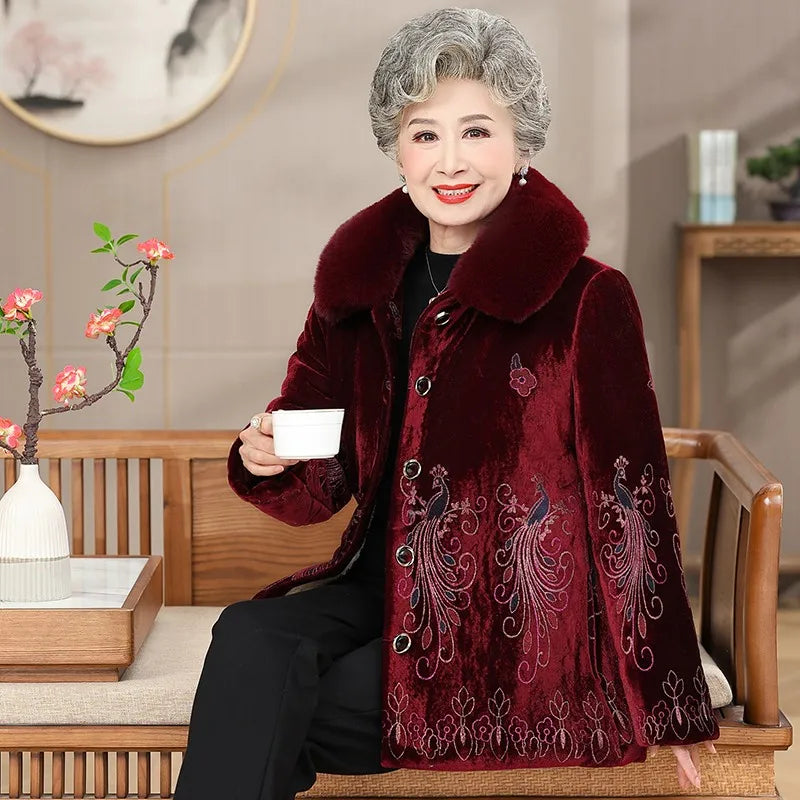 Winter-Damenjacke mit Baumwollpolsterung, 50 bis 80 Jahre alt, Oma-Mantel, dicker Samt, warm, mittleres Alter, Mutterpositionierung, Blumenparka