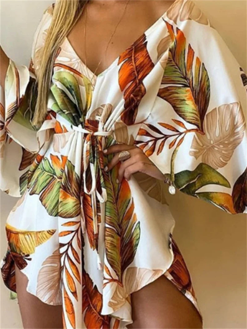Frauen Print Kleid Sexy V-ausschnitt Fledermaus Ärmel Rüschen Blumen Drucken Böhmischen Strand Sommerkleid Damen Lose Sommer Urlaub Mini Kleider