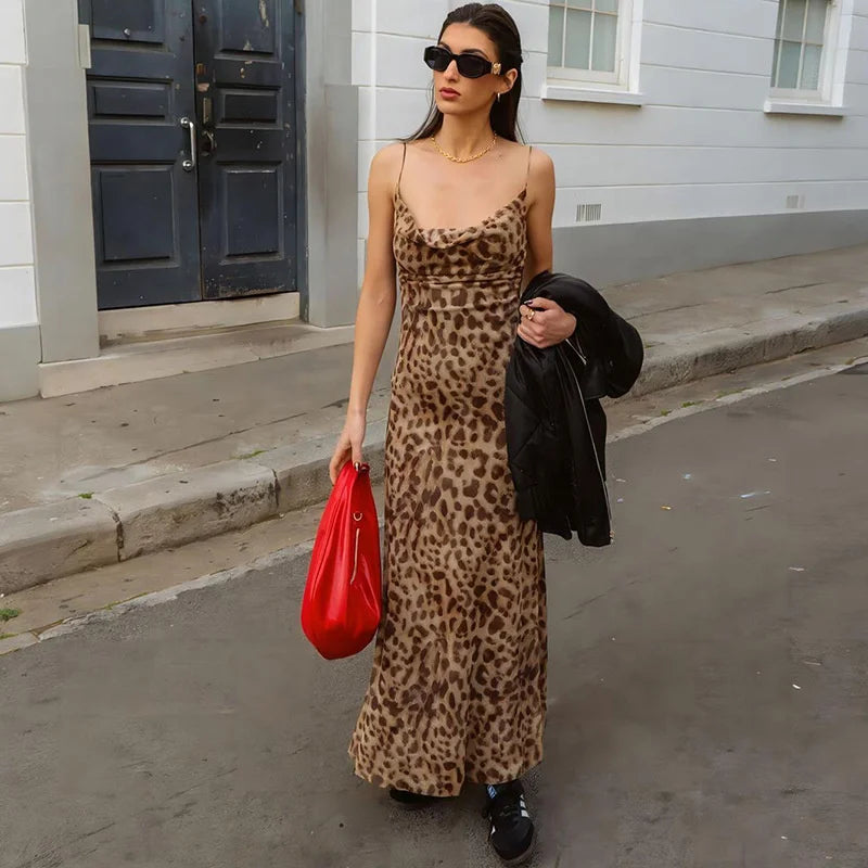 Vintage Leopard Print Sexy Cami Kleid Frauen V-ausschnitt Ärmelloses Party Kleid Mode 2024, Sommer Streetwear Kleid