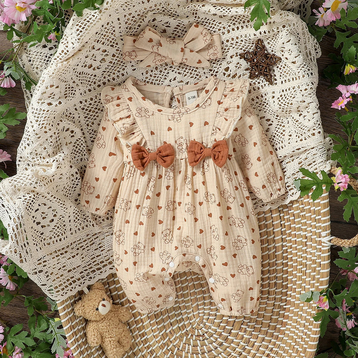Baby-Mädchen-Overall für alle Jahreszeiten, langärmelig, mit Blumenmuster und Schleife, täglicher Overall für Neugeborene, 6 Monate Kleidung + Stirnband