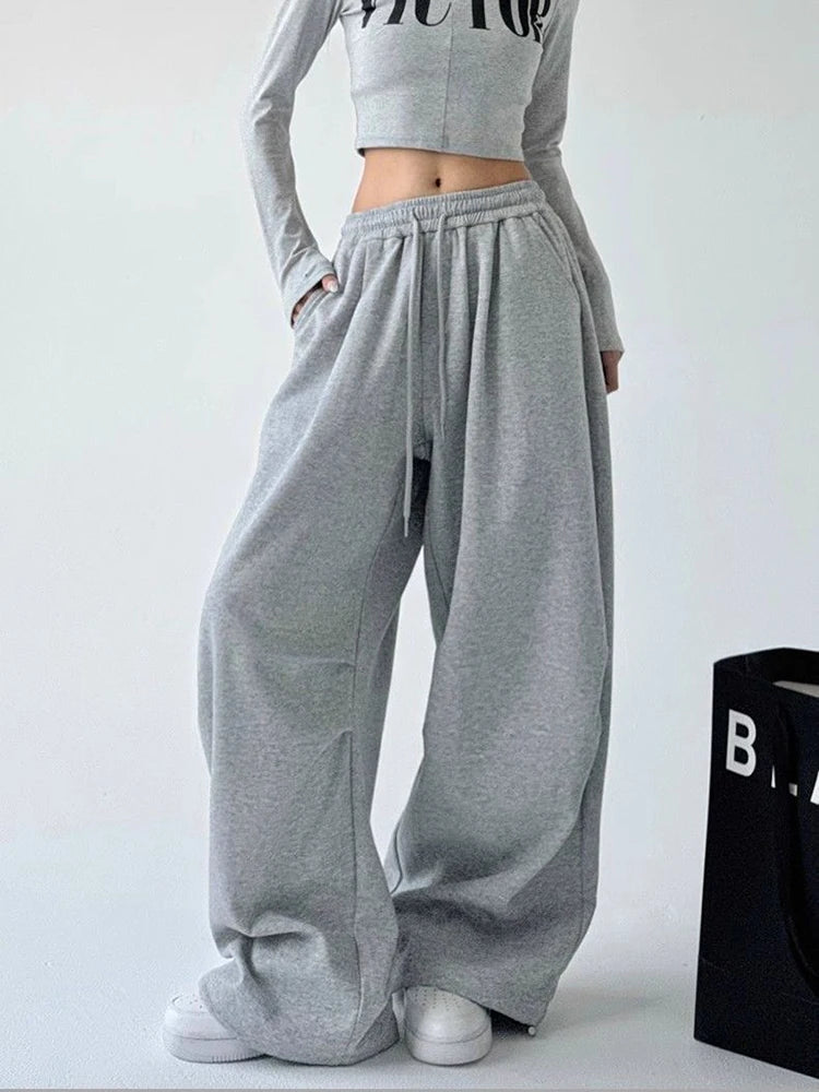 Y2K Harajuku Breite Bein Jogginghose Frauen Streetwear Baggy Oversize Grau Sport Hosen Hohe Taille Kordelzug Casual Jogger Hosen