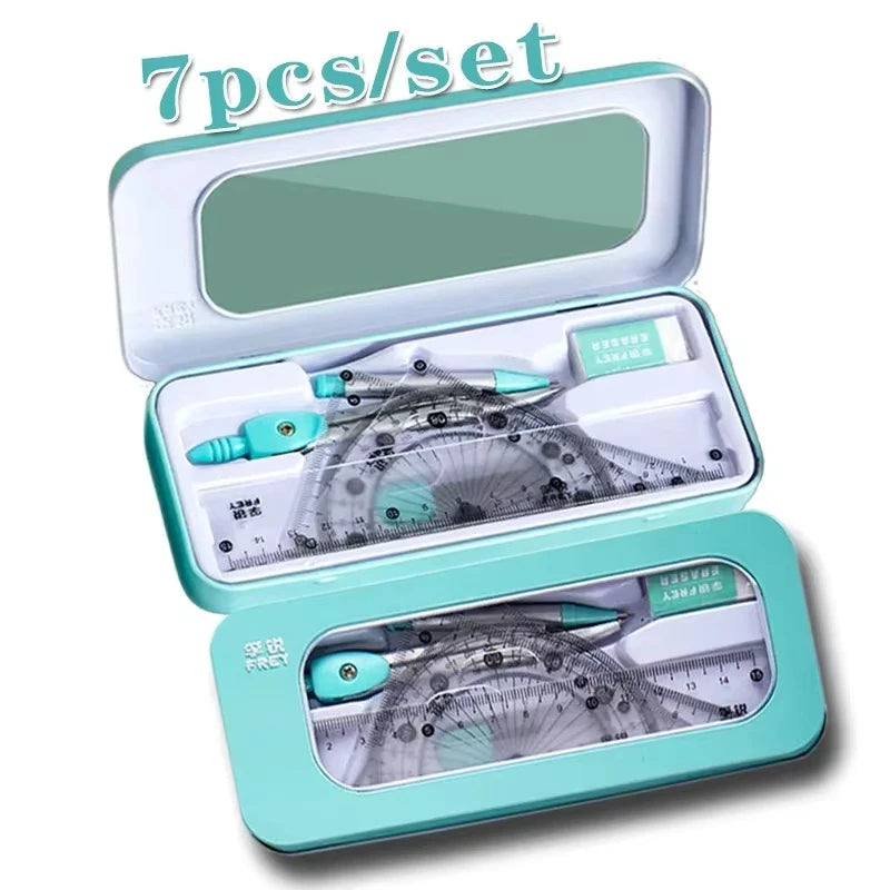 7-teiliges Kompass- und Lineal-Set, dreieckiges Lineal, Winkelmesser, Gummi, für Studenten, Prüfungen, spezifisches Lineal, Box-Set, Lineal-Set, Schule beginnt