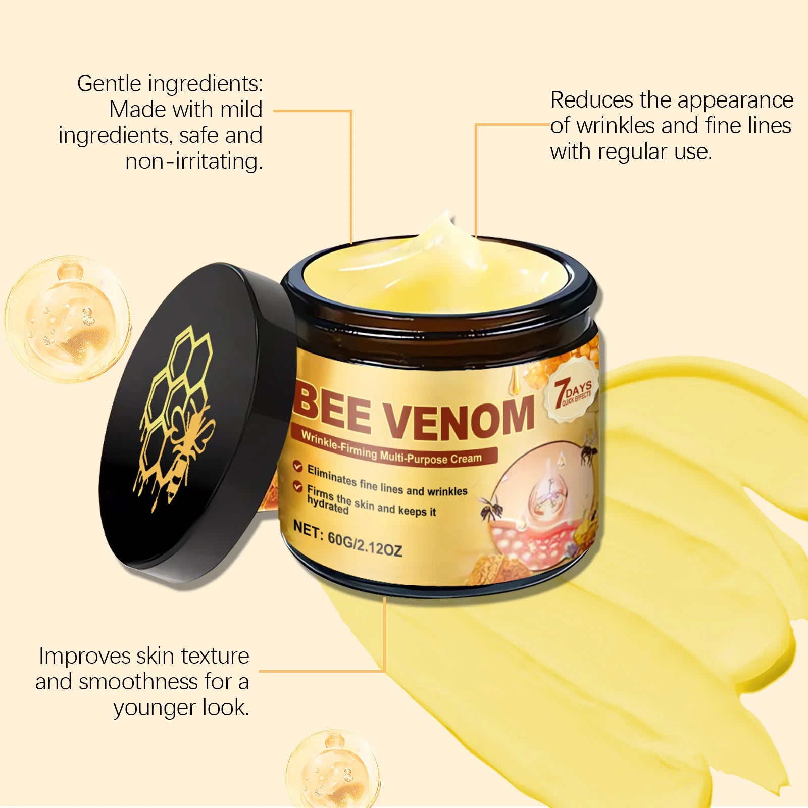 Bee Venom Straffende Creme für schlaffe Haut, Lifting, Straffung, Anti-Falten, Verblassen feiner Linien, feuchtigkeitsspendende Multi-Action-Körpercreme