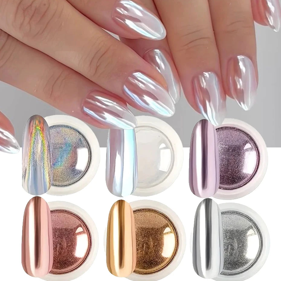 6 Stück Chrom-Spiegel Weißes Nagelpulver Pigment Gold Silber Reibpulver Holographisches Aurora Schillerndes Metallisches Nagelkunst-Dekorationspulver