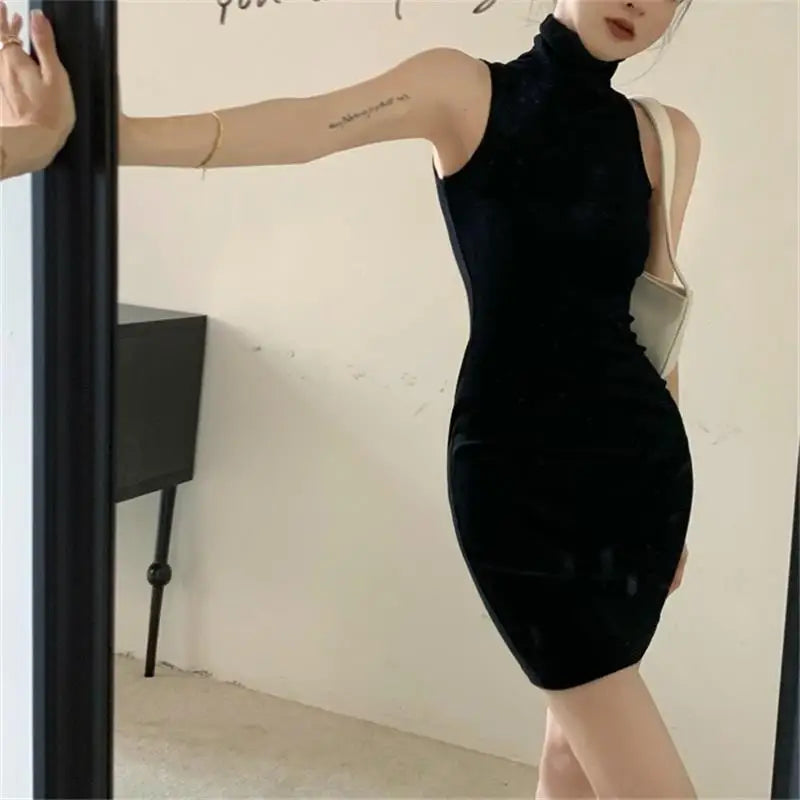 Sommer Sexy High Neck Enges Kleid Oversleeve Plissee Unten Eingewickelt Hüfte Kleid Frauen Bodycon
