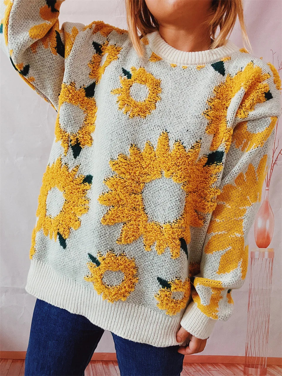 Damen Herbst Pullover Damen Mode Rundhalspullover mit Blumendruck, vielseitig einsetzbar für Herbst und Winter Herbst Pullover Damen