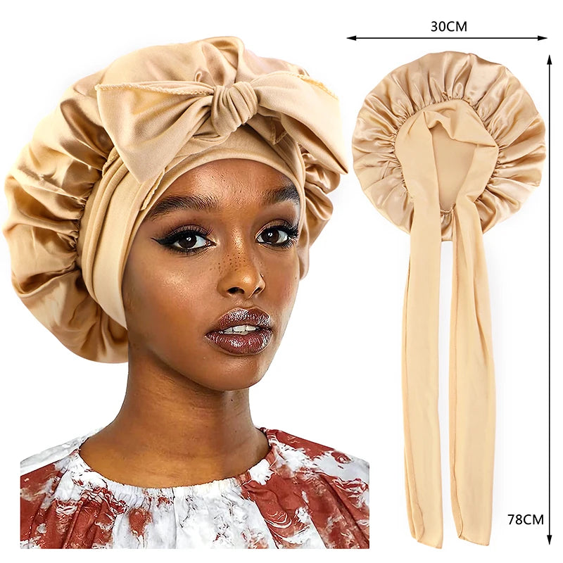 Neue Satin Schlafmütze Für Frauen Feste Breite Band Stretch Kopf Krawatte Seidige Motorhaube Rand Wrap Schlummertrunk Haarpflege Dusche Kopf Abdeckung