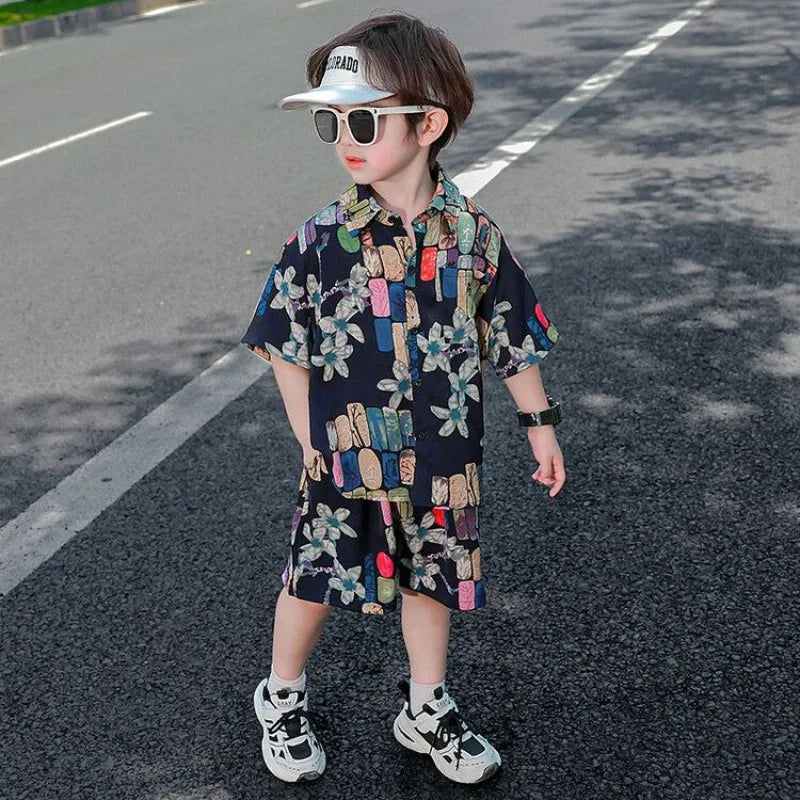 Bedrucktes Hemd, koreanische Kleidung, Kinder-Oberteil, Kinder ab 8–12 Jahren, Sommeranzug für Jungen, Kinder, Jungen, Kleidungsset, 4-altes Kostüm 7