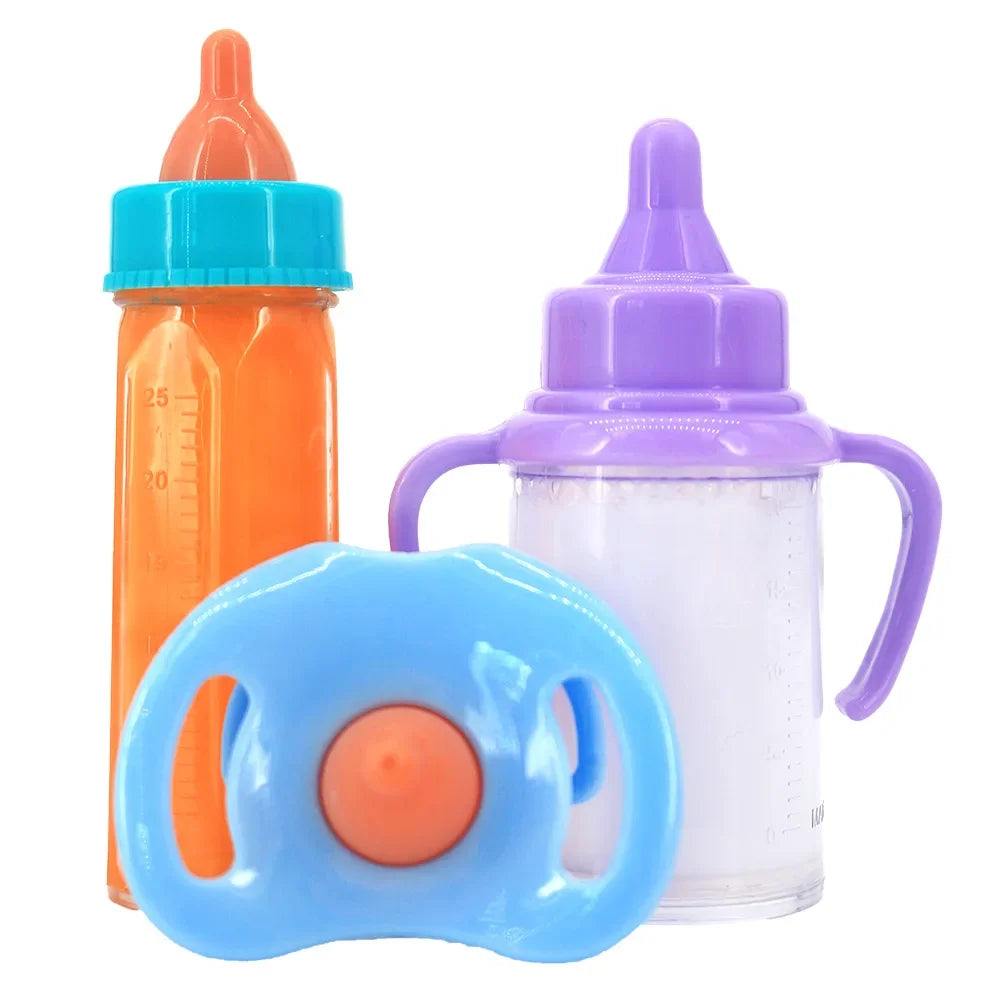 Große Baby Puppe Babyflasche Set Babypflege Spielzeug Kinderwagen 2 stücke Milch Und Saft Flaschen Mit Spielzeug Schnuller für Babypuppen
