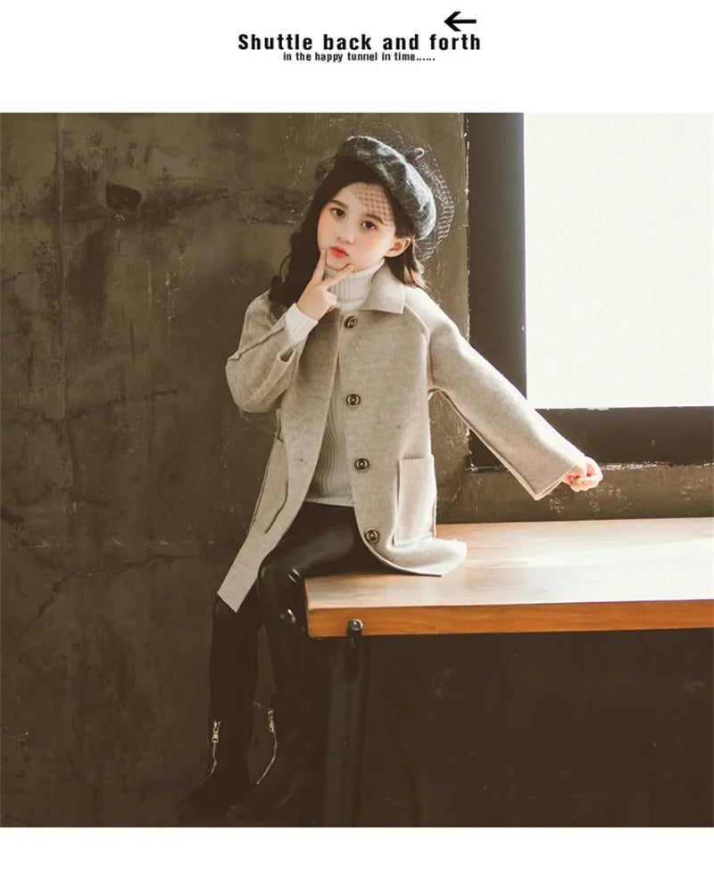 Mädchen Wolle warme Mäntel Kinder Herbst Winter lässige Oberbekleidung Kinder feste Farbe Mode Jacke Teen Turndown Kragen Kleidung