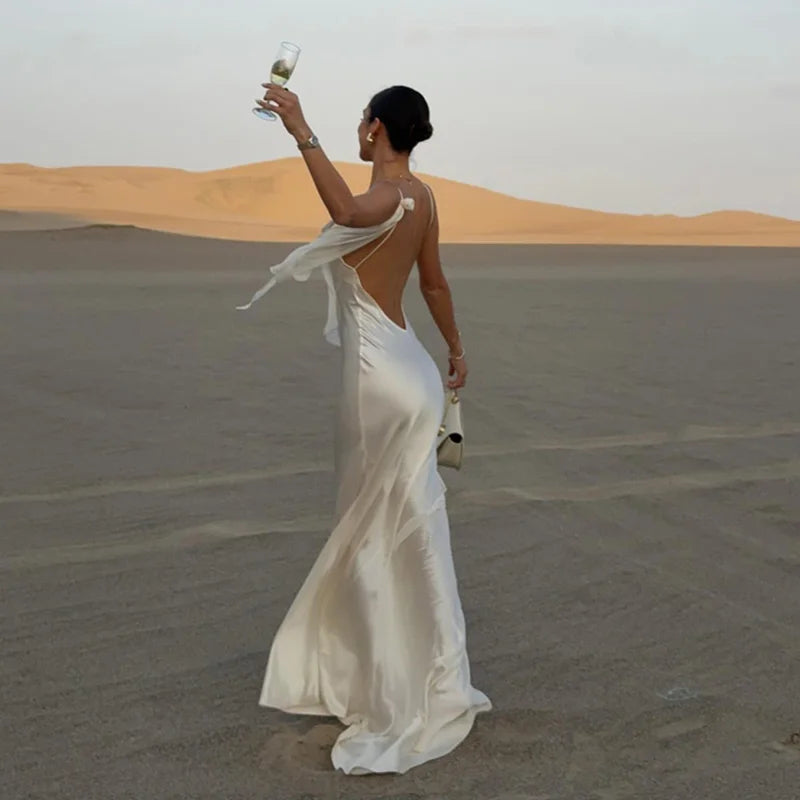 Elegantes 3D-Blumen-rückenfreies Kleid für Damen, figurbetont, Swing-Kragen, ärmellos, weiße Schlinge, Maxi-Robe, 2025, Sommer-Dame, Evevning, Vestidos
