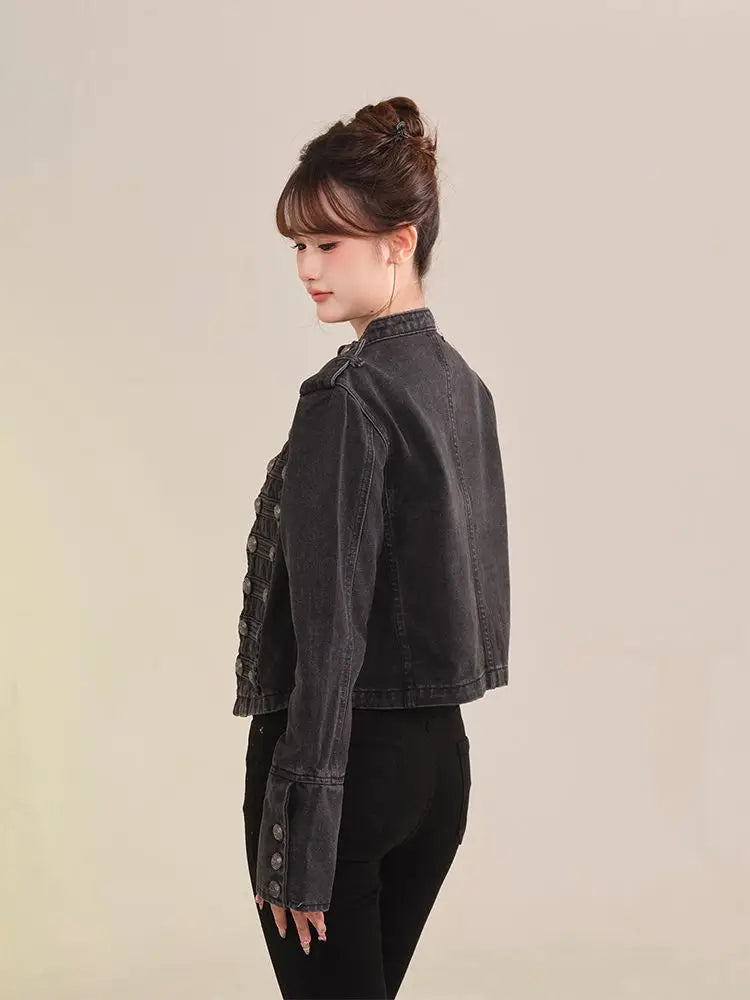 Damenbekleidung Kurzmantel Neue Jeansjacke Retro-Knopfdesign Schlanker Stehkragen Lange Ärmel Jeansoberteil Jacke Kurzmantel