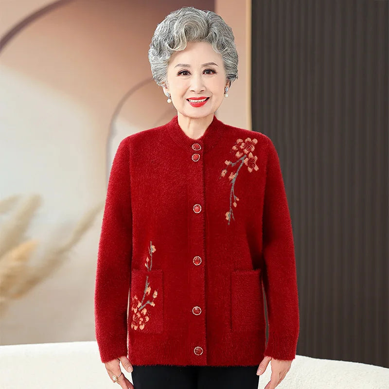 Oma Dicke Warme Nerz Samt Pullover Top Winter Mittleren Alters Mutter Draußen Tragen Strickjacke Jacke Vintage Frauen Gestrickte Mantel