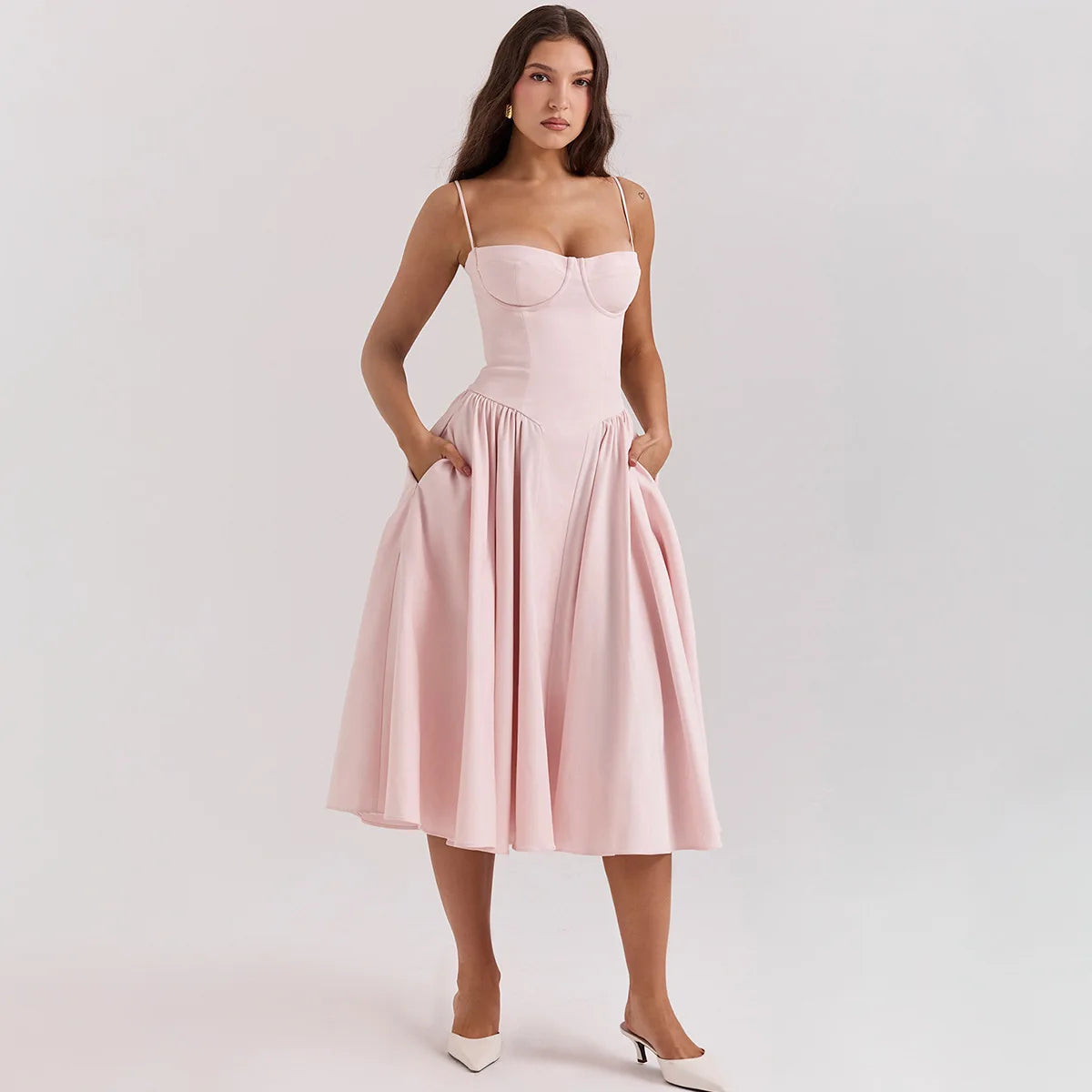 Sommer Frauen elegante ärmellose rücken freie Falten kleider Dame sexy feste Schlinge Midi-Kleid 2024 weibliche Party Abend A-Linie Roben