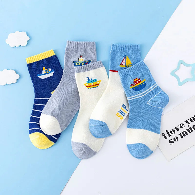 5 Paar neue Herbst und Winter Kinder Socken gestreifte Segelboot Jungen Socken 4 bis 8 Jahre alte Socken